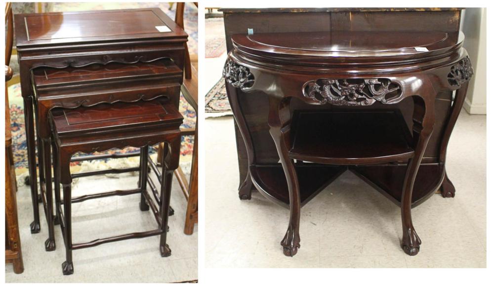 Appraisal: CHINESE ROSEWOOD NESTING TABLE SET AND DEMILUNE CONSOLE TABLE three