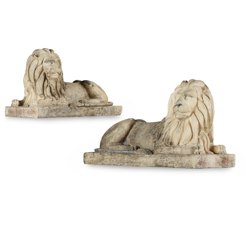 Appraisal: PAIR OF SCOTTISH FIRECLAY LIONS ATTRIBUTED TO GARNKIRK TH CENTURY