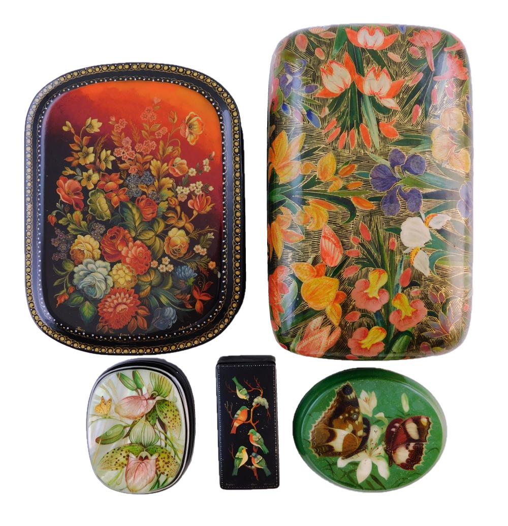 Appraisal: Russian hand-painted lacquer boxes five pieces all bird floral and