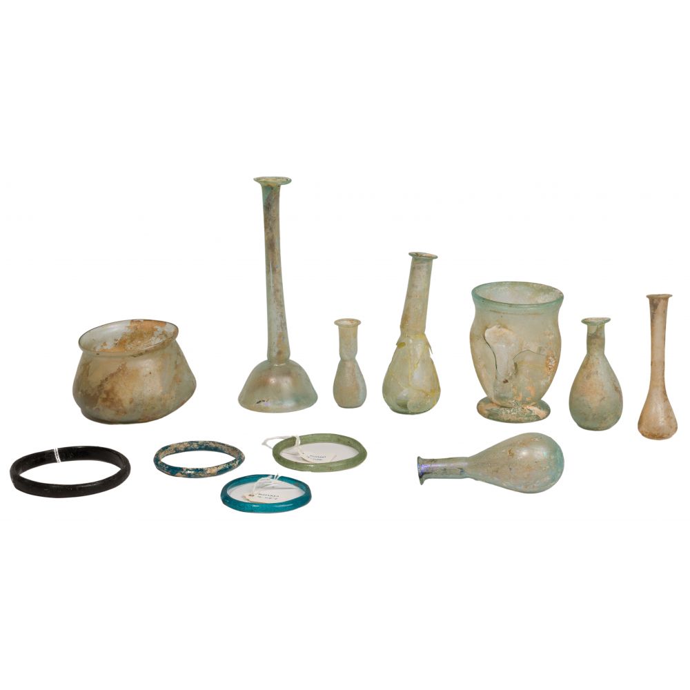 Appraisal: ROMAN STYLE GLASS ASSORTMENT items including a candlestick unguentarium lacrimarium