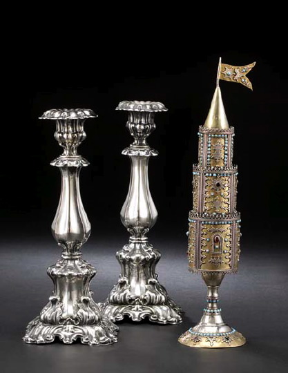 Appraisal: Pair of Continental Silver Shabbat Candlesticks - Austro-Hungarian Empire of