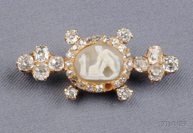 Appraisal: Antique Cameo and Diamond Brooch the shell cameo depicting a