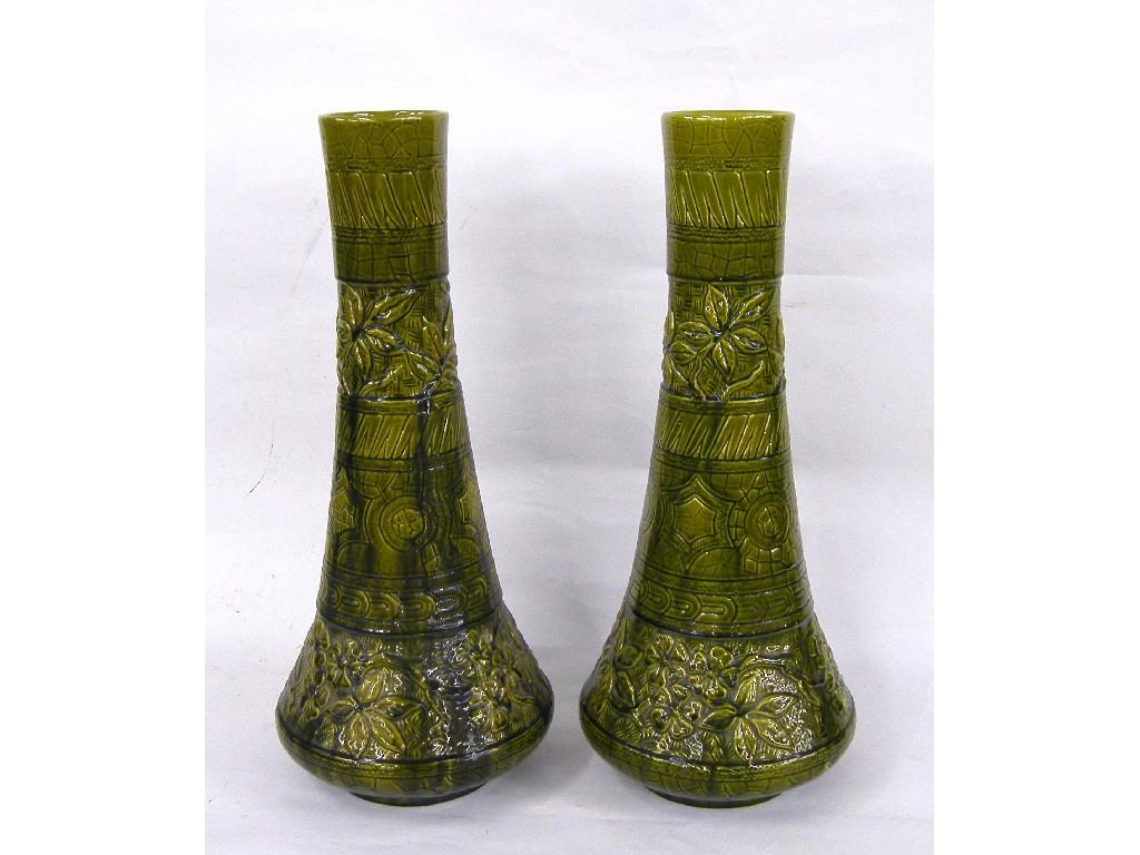 Appraisal: Pair of Burmantofts green glazed tapered cylindrical vases decorated in