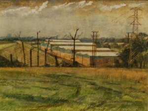 Appraisal: Richard Sorrell b - Landscape with glass houses and pylons