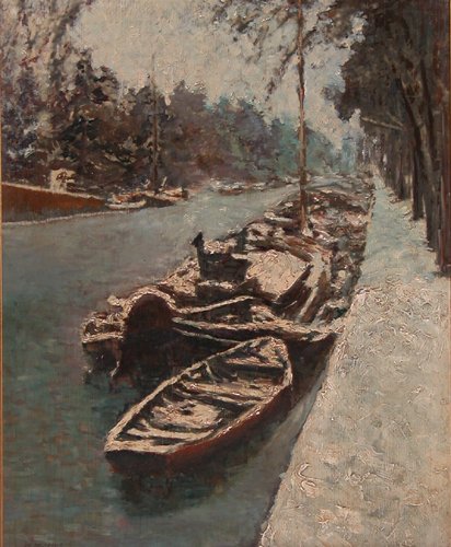 Appraisal: A Post Impressionist treatment of Boats along a snowy canal