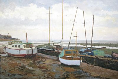 Appraisal: Olwen Tarrant th Century Boats at low tide Signed Oil