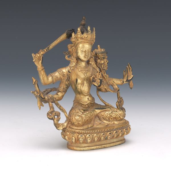 Appraisal: TIBETAN ANTIQUE GILT BRONZE SCULPTURE OF MANJUSHRI x x Cast