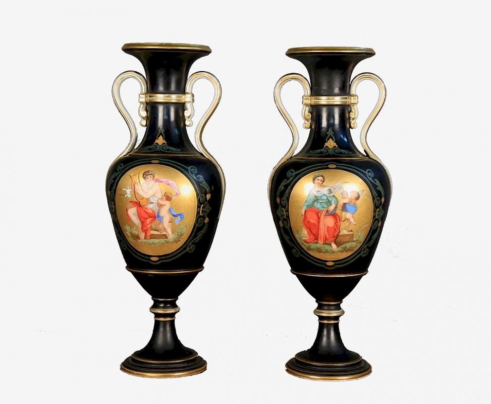 Appraisal: Pair of Vienna Porcelain Vases c Baluster form with applied