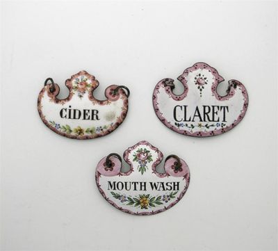 Appraisal: Three th century enamelled copper wine labels CIDER CLARET and