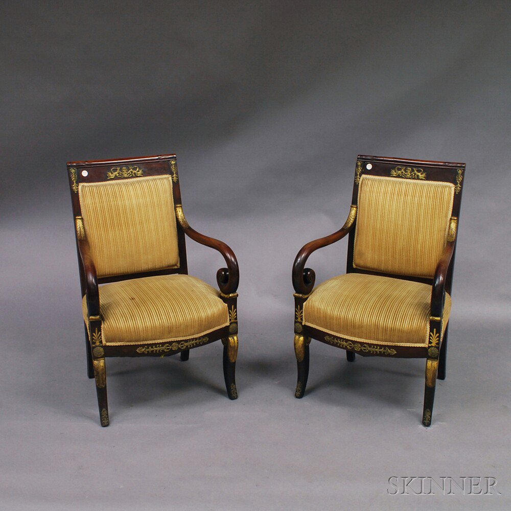 Appraisal: Pair of French Empire Carved Mahogany Ormolu-mounted Fauteuil early th