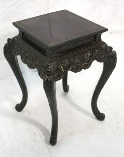 Appraisal: Richly Carved Chinese Square Side Table Curved w Richly Carved