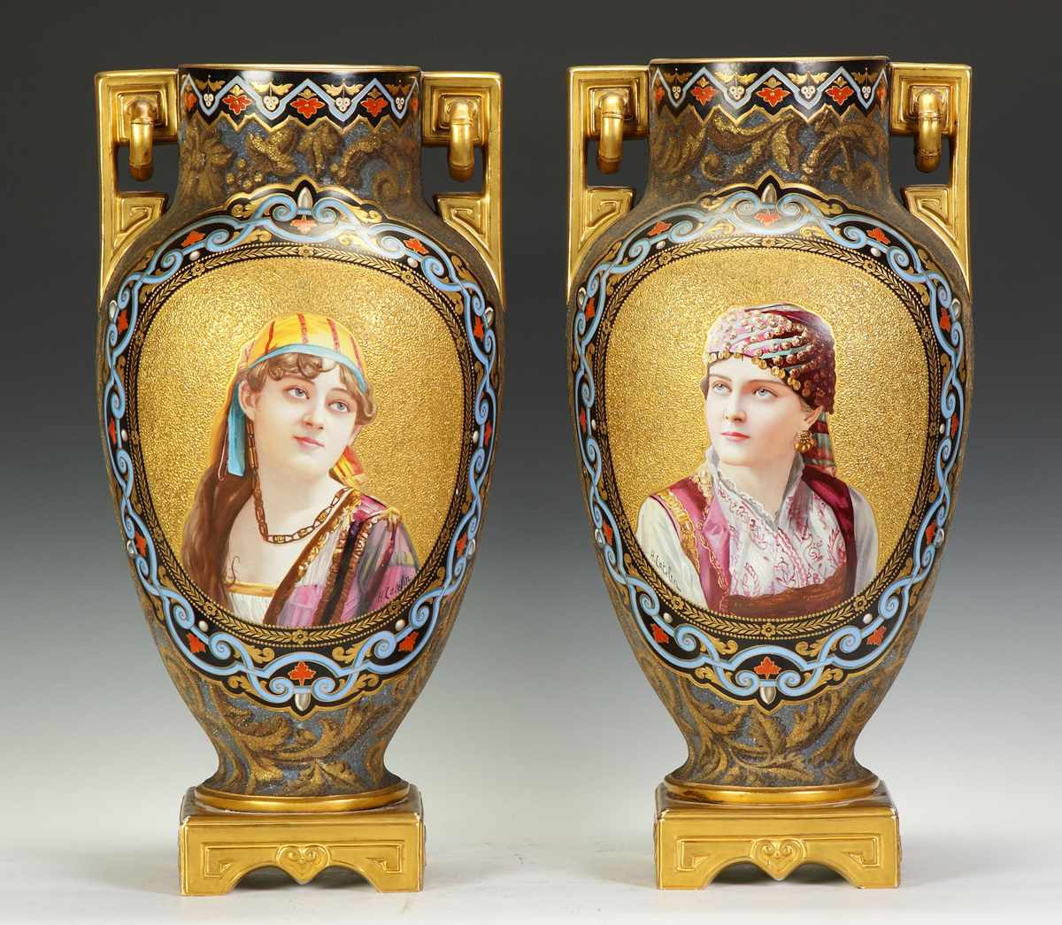 Appraisal: A Large Pair of Coralene Enameled Portrait Vases th cent