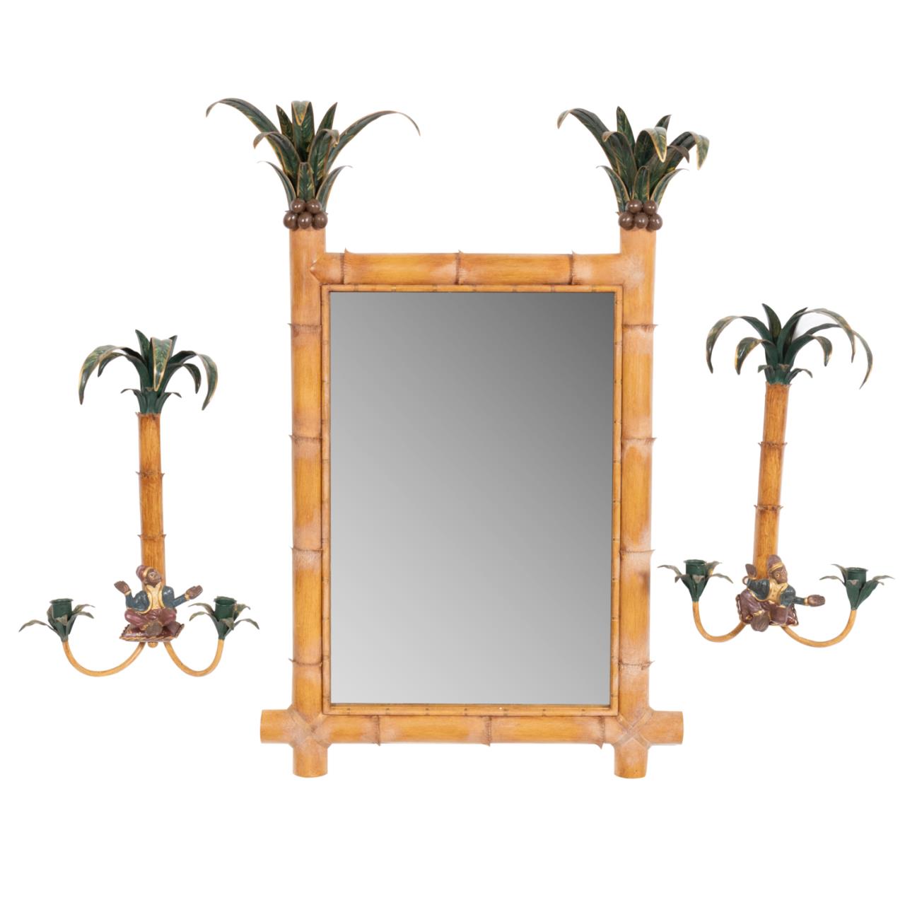 Appraisal: TOLE PALM TREE MIRROR PAIR OF SCONCES Painted tole palm