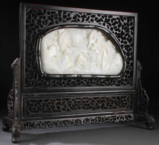 Appraisal: CHINESE CARVED WHITE JADE TABLE SCREEN A VERY FINE CHINESE