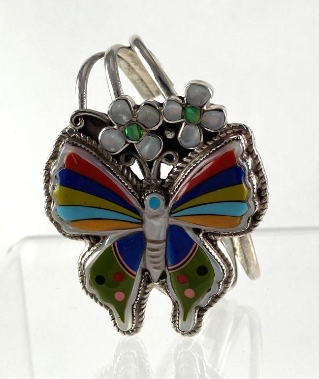 Appraisal: Marked Sterling cuff bracelet that features fabulous inlay of colorful