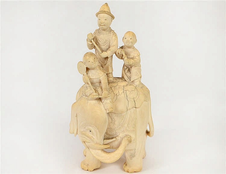 Appraisal: CHINESE IVORY GROUP THREE FIGURES ATOP AN ELEPHANTHeight Width Cond