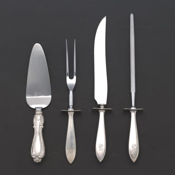 Appraisal: GROUP OF SILVER SERVING PIECES Matched carving set with knife