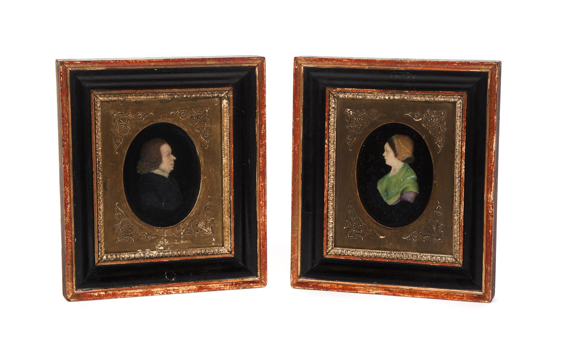 Appraisal: PAIR OF EUROPEAN WAX PORTRAITS Second half- th century Husband