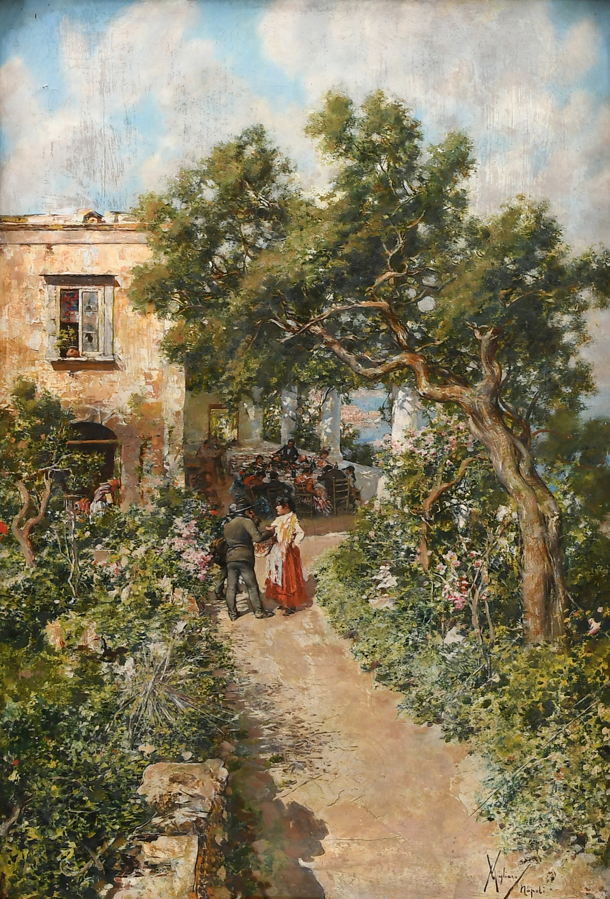 Appraisal: MIGLIARO Vincenzo Italian - Village Path with Figures Conversing in