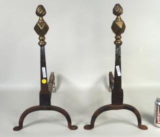 Appraisal: Pair Brass Flame Top Wrought Iron Andirons Pair brass flame