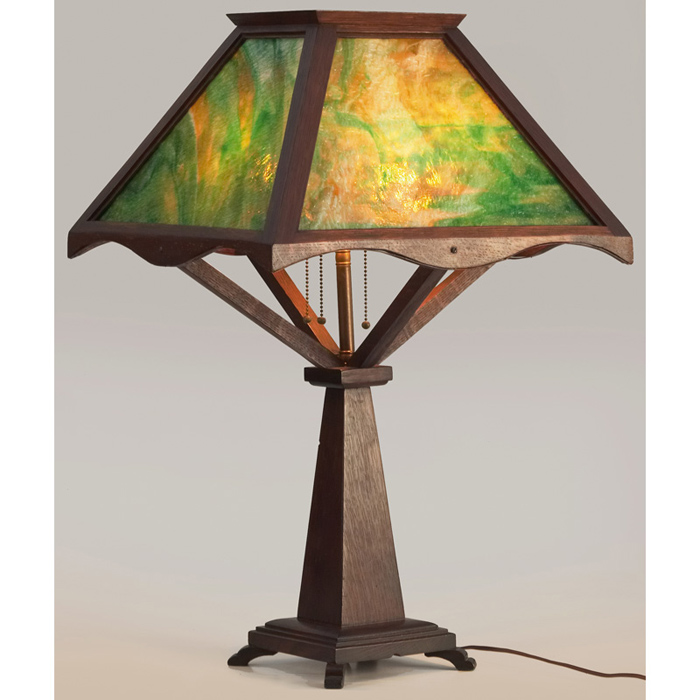 Appraisal: Arts Crafts table lamp pyramidal shade with multi-colored slag glass