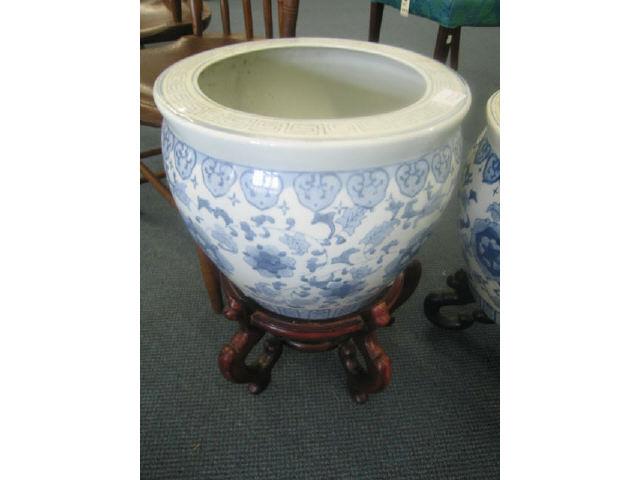 Appraisal: Oriental Blue White Porcelain Jardiniere on stand