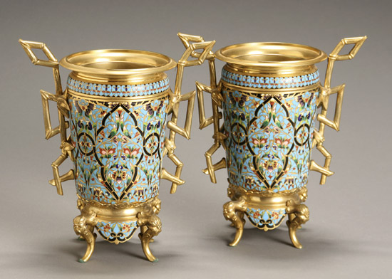 Appraisal: Pair of French Champlev Enamel and Bronze Urns Last Quarter