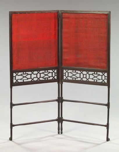 Appraisal: Diminutive Kuang Hsu Fret-Carved Mahogany and Scarlet Linen Two-Panel Folding