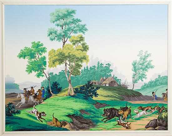 Appraisal: Panoramic pictorial wallpaper panels after Zuber four hunt scene panels