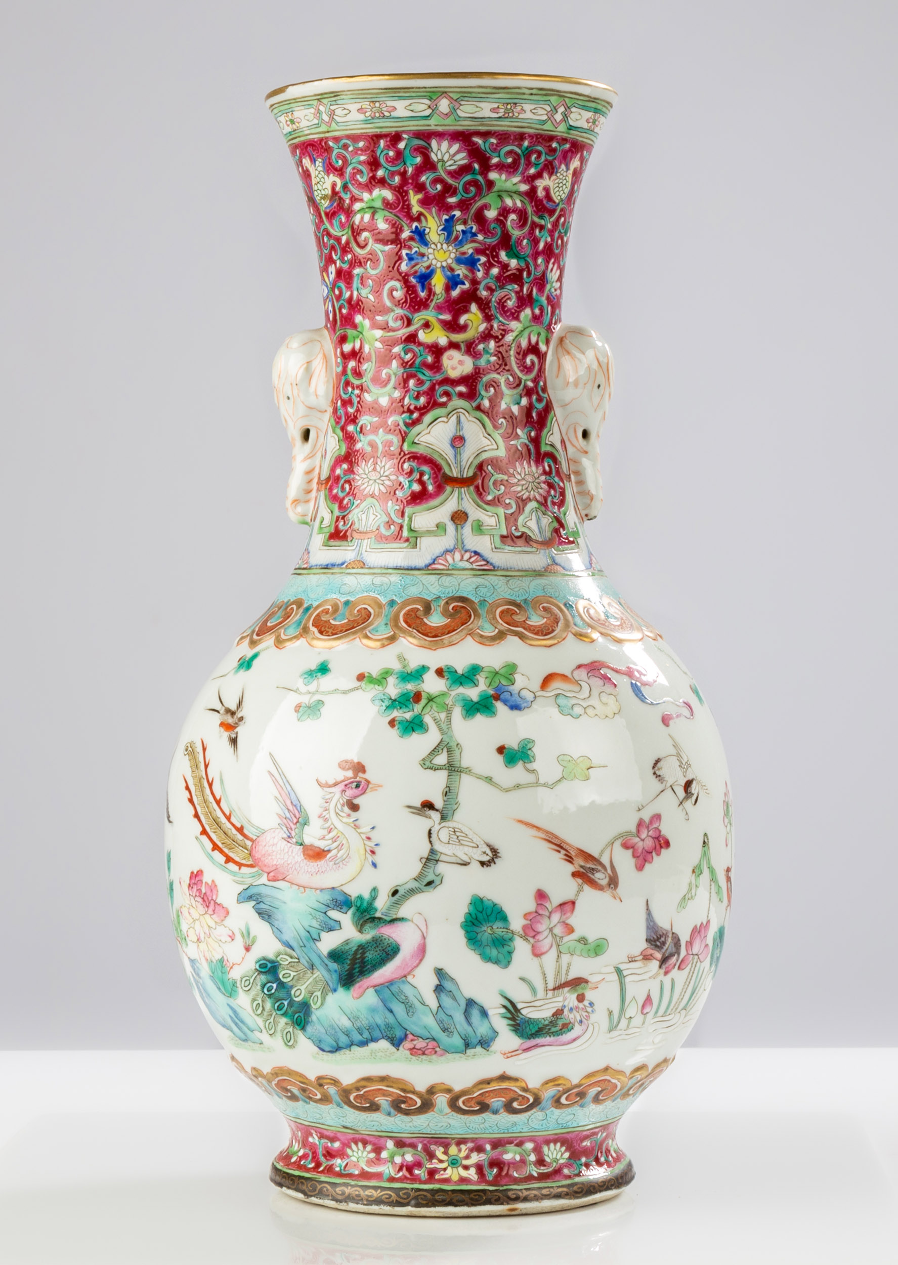 Appraisal: CHINESE FAMILLE ROSE ENAMELED BIRDS PHEONIX VASE hand painted and