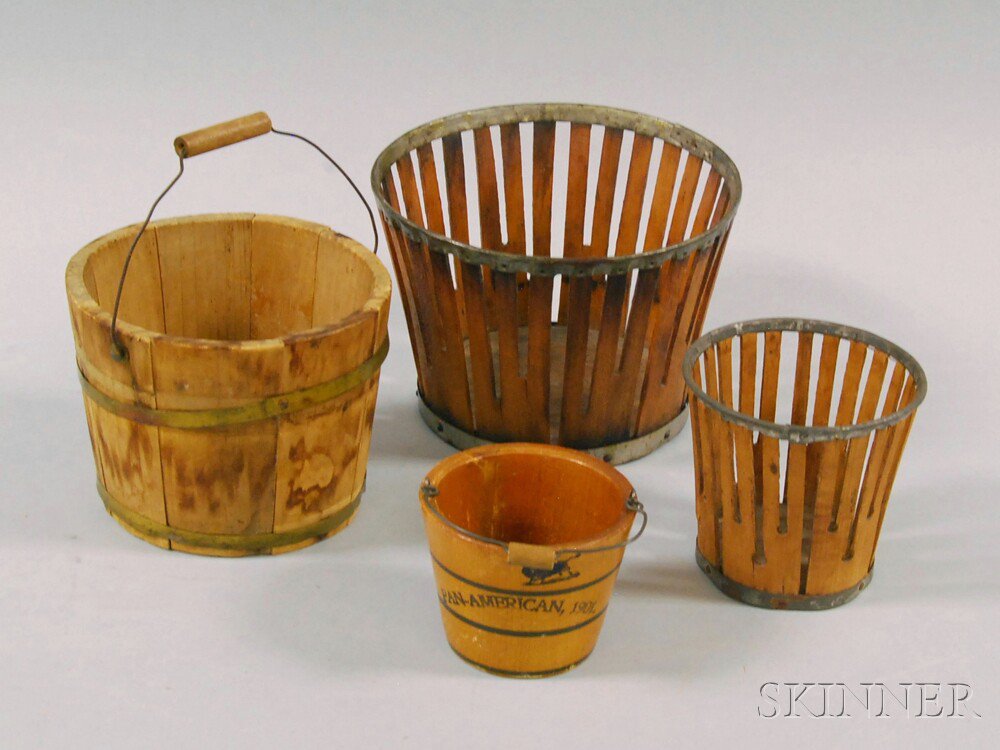 Appraisal: Four Miniature Vessels two pierced-body baskets a stave-constructed bucket and