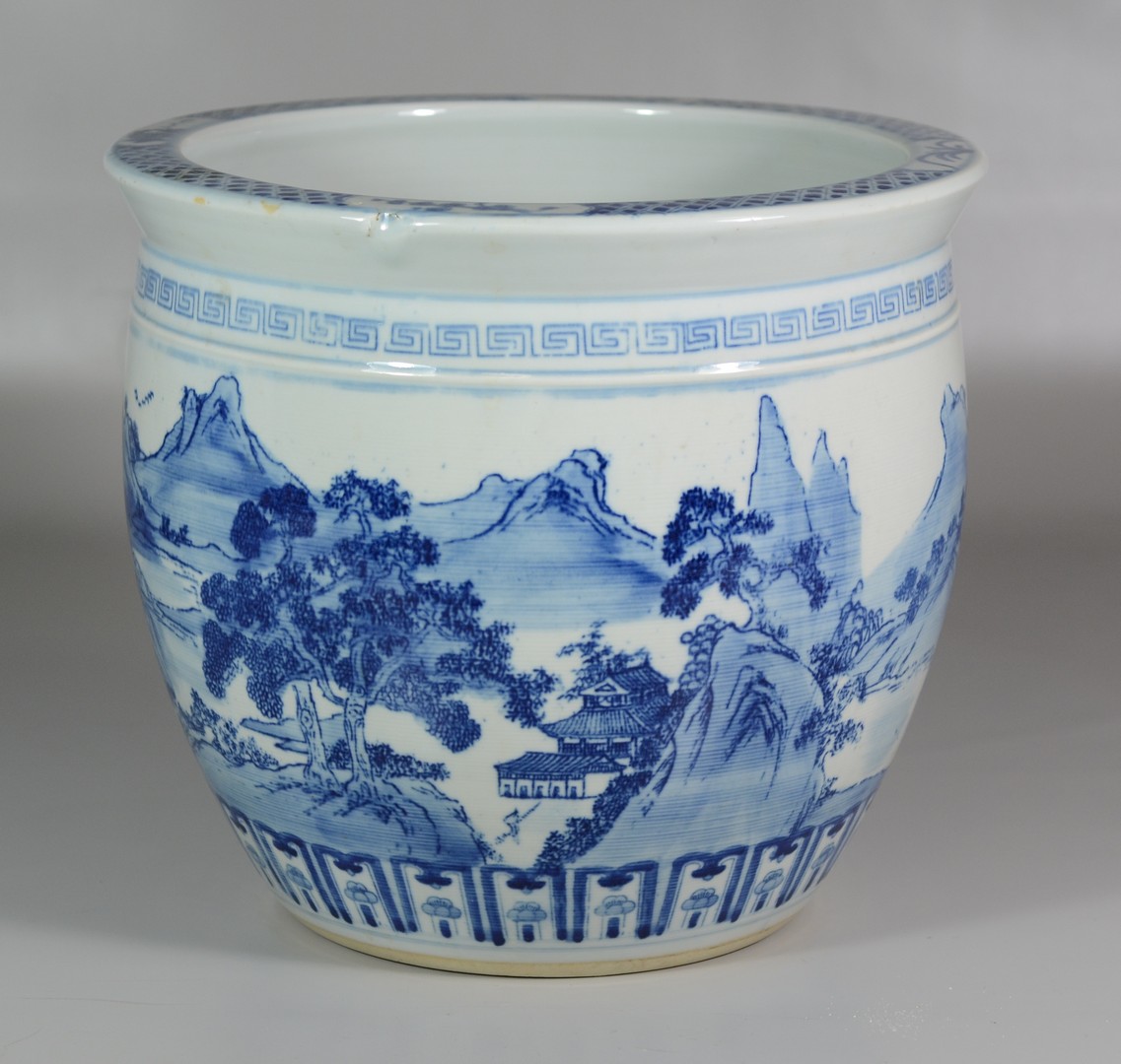 Appraisal: Chinese blue and white cache pot with landscape scenes spider