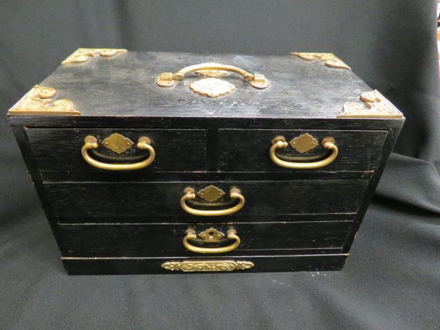 Appraisal: Chinese Wooden Jewelry Chest brass trim and handles black finish