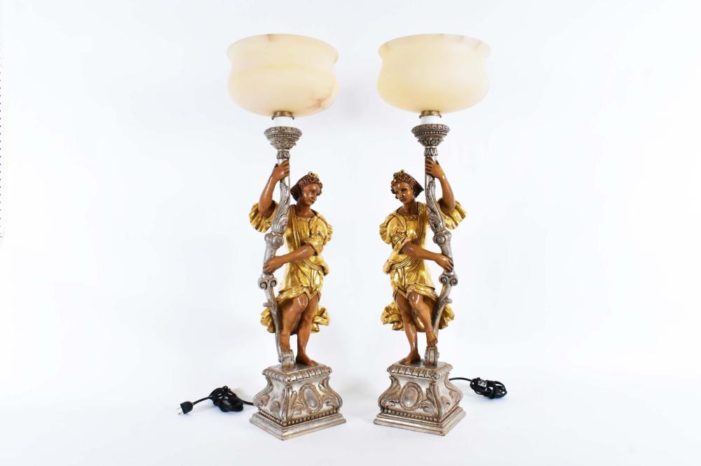 Appraisal: PR BAROQUE STYLE PAINTED GILT WOOD FIGURAL LAMPSThe figures holding