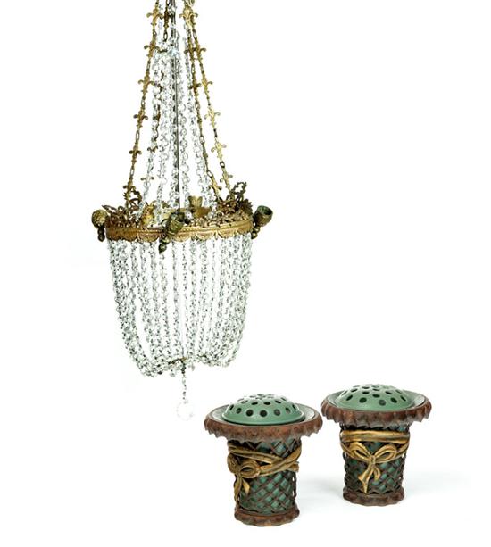 Appraisal: CHANDELIER AND FLOWER POTS France late th century Brass and