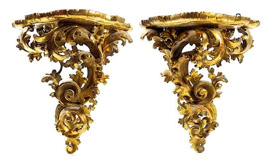 Appraisal: A Pair of Large Italian Giltwood Wall Brackets Height inches