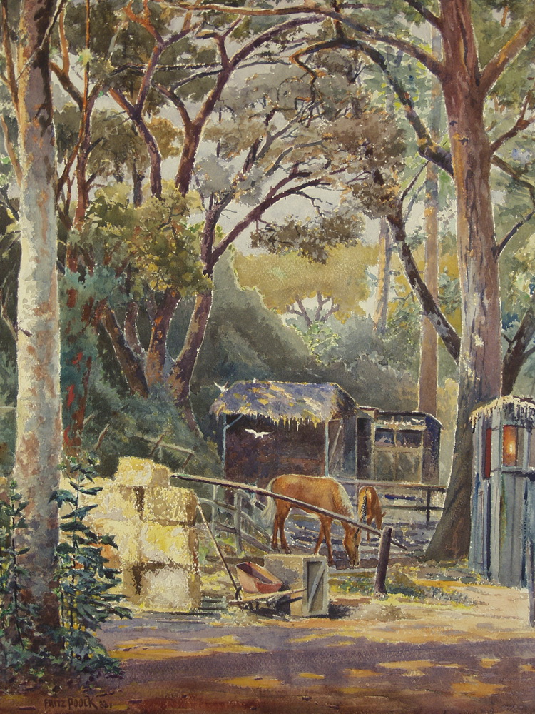 Appraisal: FRITZ POOCK CA - Large View of Western Farm watercolor