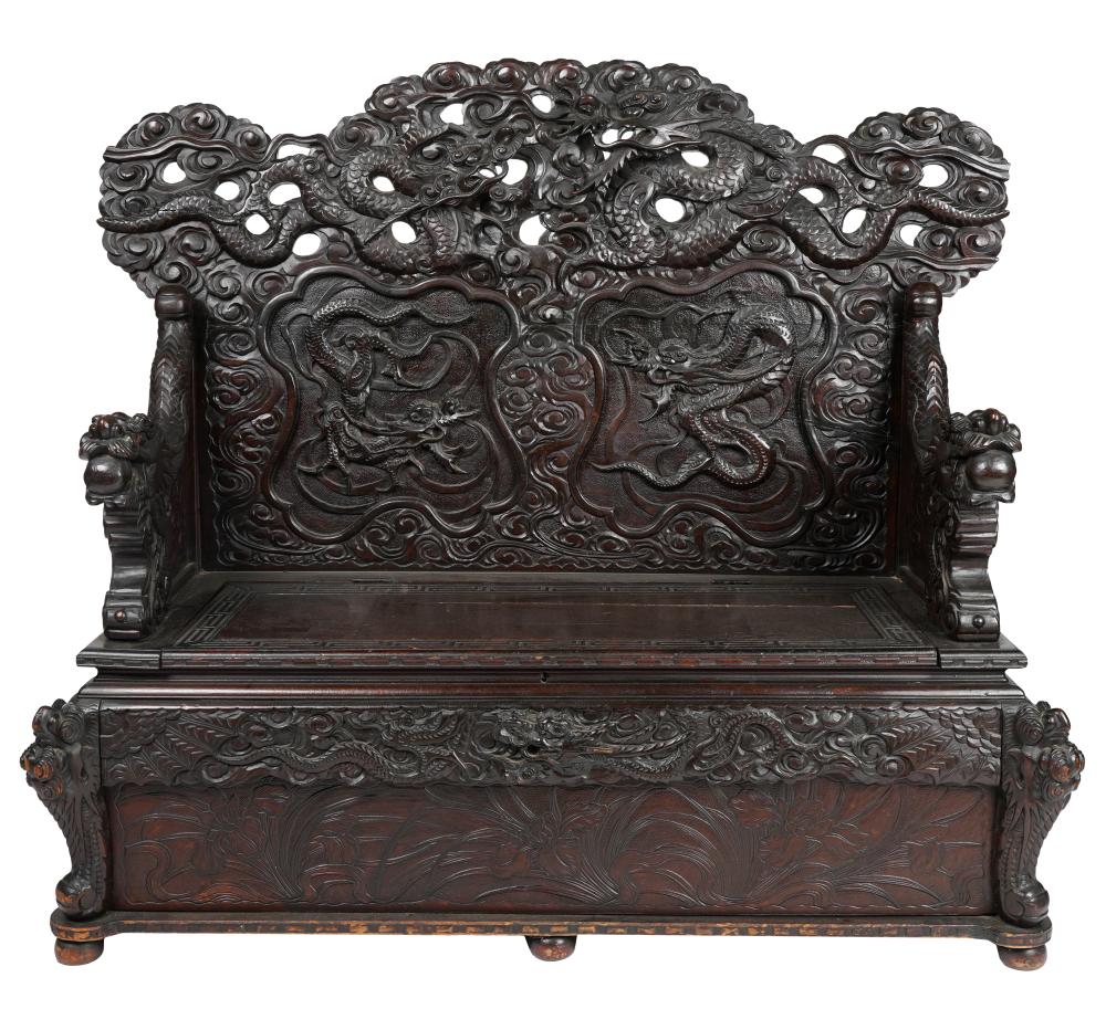 Appraisal: JAPANESE CARVED HARDWOOD BENCHMeiji Period with hinged storage seat Provenance