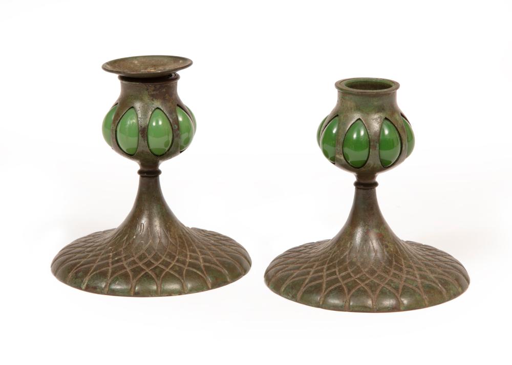 Appraisal: Pair of Tiffany Bronze and Green Glass Candlesticks stamped TIFFANY