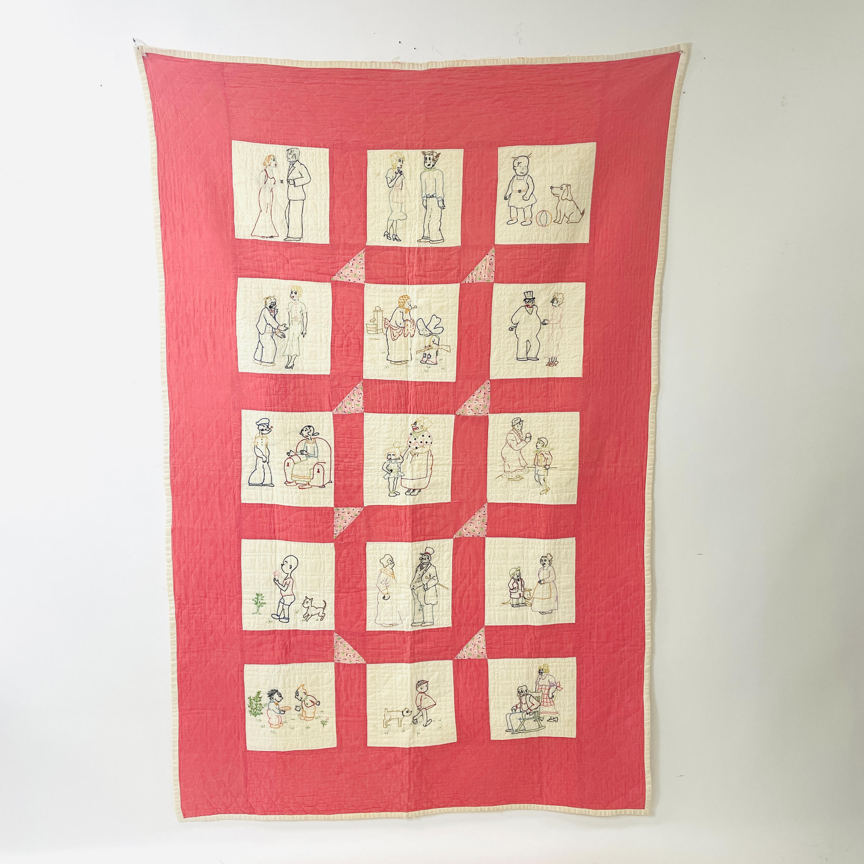 Appraisal: COTTON COMIC STRIP QUILT c s the pink backing with