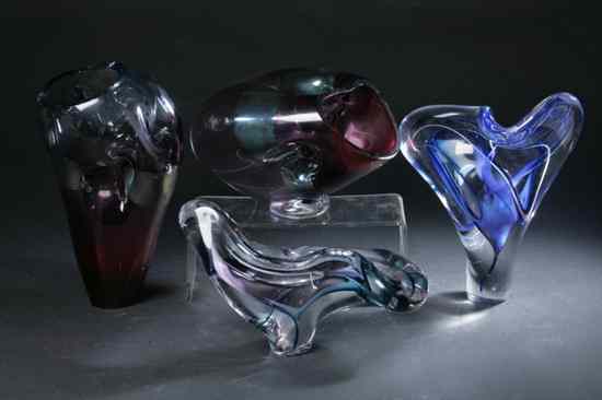 Appraisal: FOUR PIECES CONTEMPORARY AMERICAN STUDIO GLASS Including two purple and