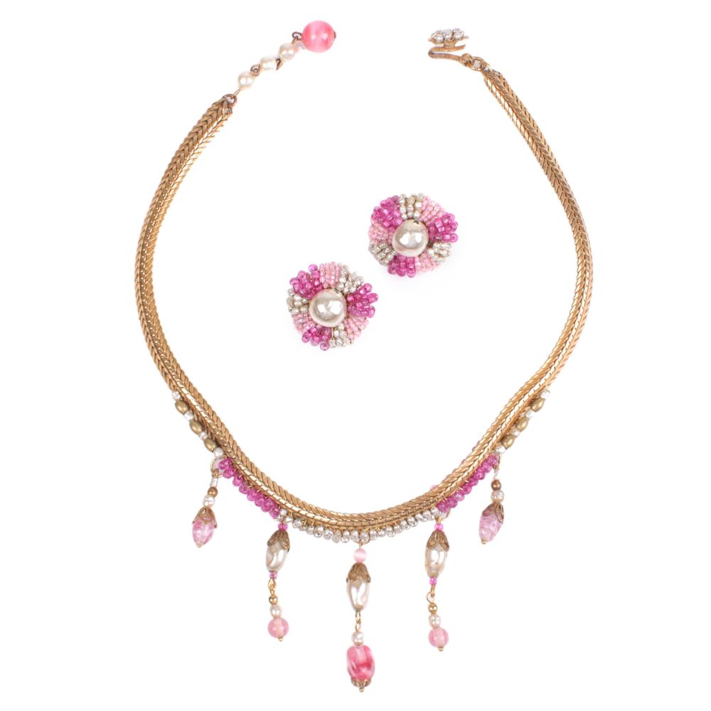 Appraisal: MIRIAM HASKELL PINK WHITE BEADED NECKLACE AND EARRING SET GOLD