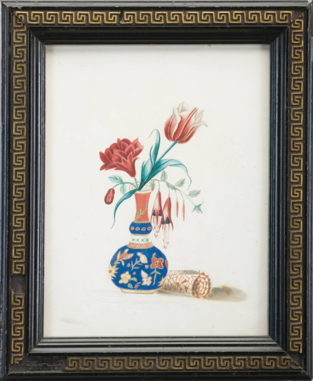 Appraisal: THREE FRAMED ENGLISH WATERCOLORS OF FLOWERS INCLUDING AN IRIS Largest