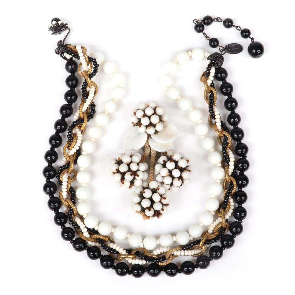 Appraisal: MIRIAM HASKELL BLACK WHITE GROUP TRIPLE STRAND NECKLACE WITH CENTRAL