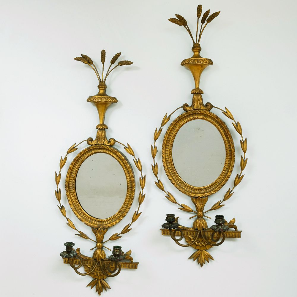 Appraisal: Pair of Edwardian Giltwood Two-Light Wall Lights x x in