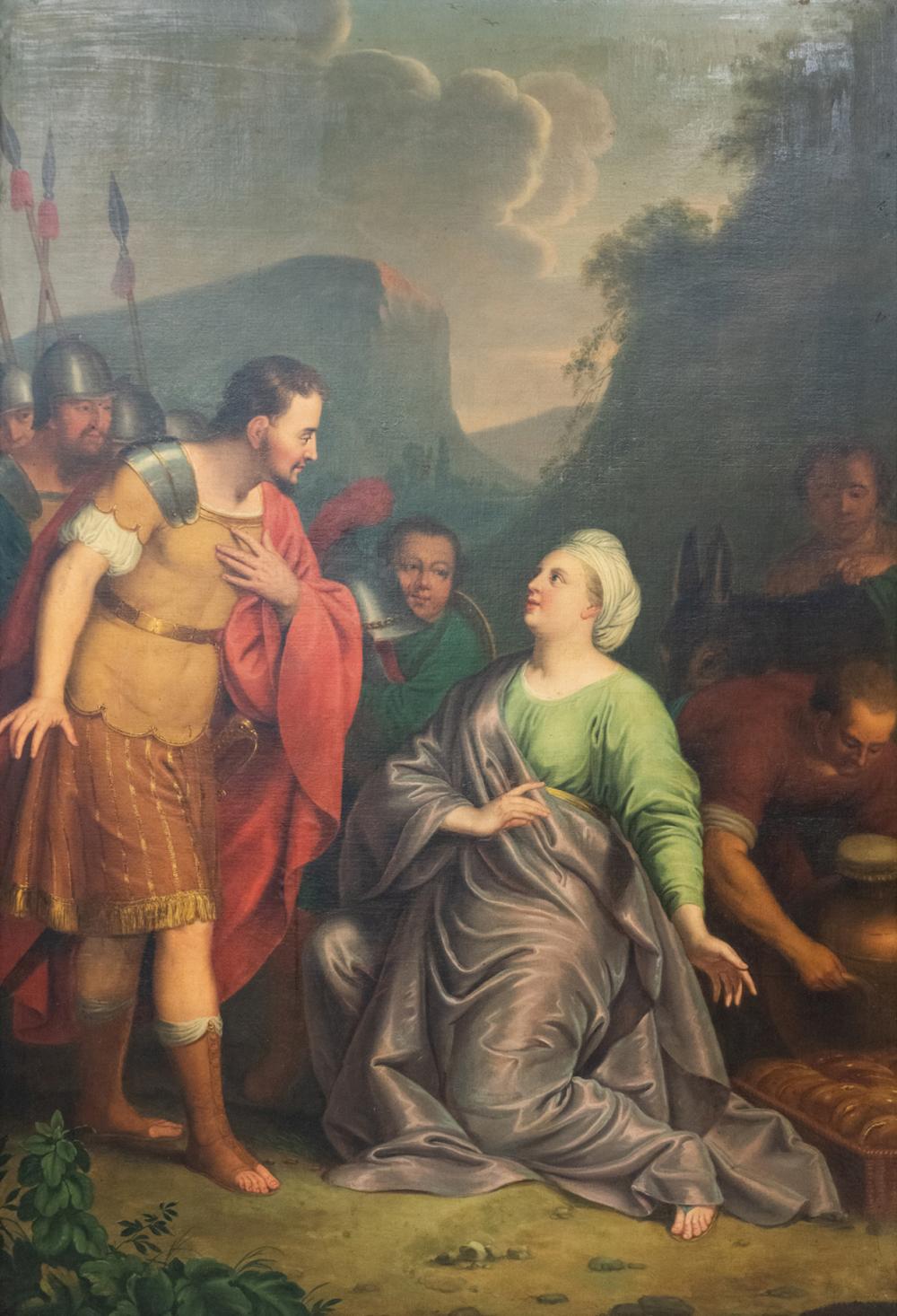 Appraisal: CONTINENTAL SCHOOLRoman soldier and kneeling woman oil on canvas relined