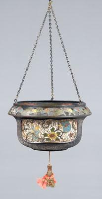 Appraisal: Chinese champlev eacute hanging vessel bronze with openwork floral rim