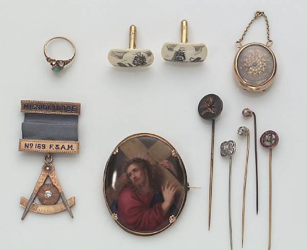 Appraisal: A collection of jewelry comprising five stickpins a brooch a