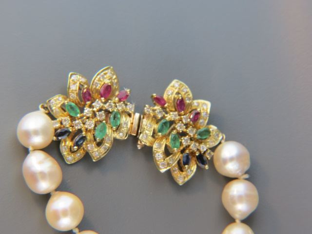 Appraisal: Diamond Ruby Sapphire and Pearl Necklace baroque pearls to mm