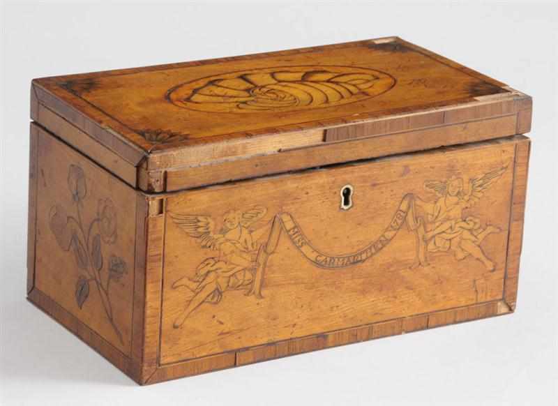 Appraisal: GEORGE III MARQUETRY-INLAID SATINWOOD TEA CADDY The top with oval